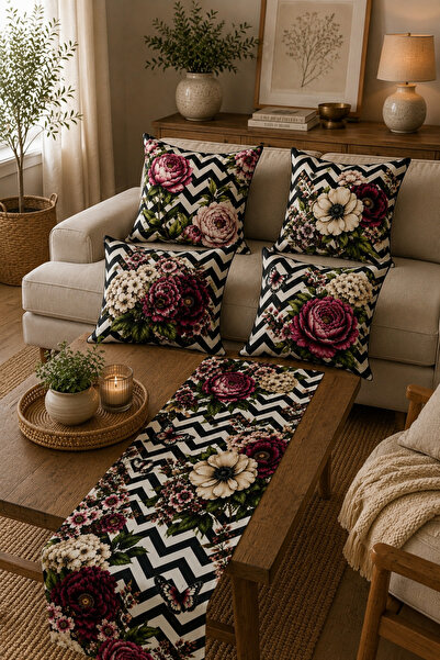 Elay Tekstil Floral Patterned Decorative Cushion Cover and Runner Set Black a...