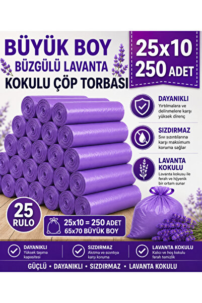 Lavanta Kokulu Dayanıklı Büzgülü Büyük Boy 65X70 cm Çöp Torbası 1 Koli 25 Rulo 250 Adet