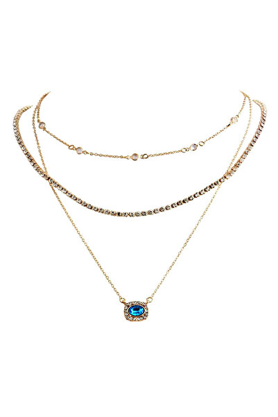 VeeShop Colier multilayer triplu, medalion patrat, cristal oval si lanturi cu...