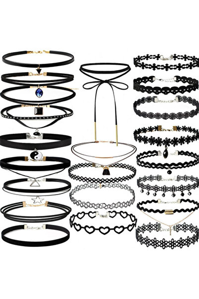 VeeShop Set 22 coliere choker, catifea, dantela, tattoo choker, cristal, cranii