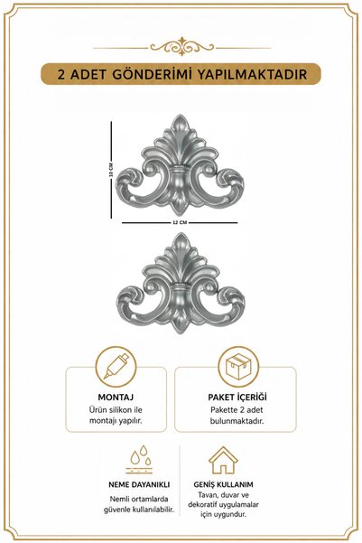 Dekonil Dekoratif Gümüş Duvar Çıta Motifi 10*12cm - 2 Adet