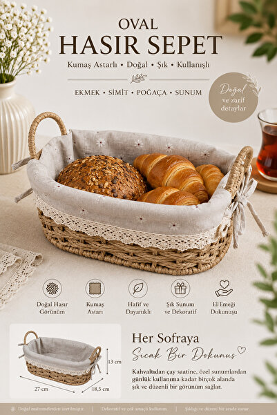MAKRİ HOME Bambu Hasır Ekmek ve Sunum Sepeti Kumaş Astarlı Kompakt Boy, Oval ...
