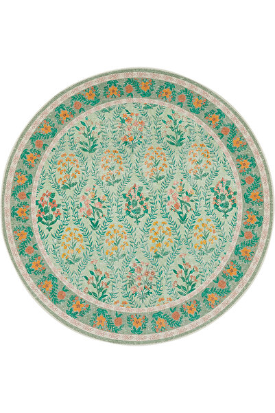 Cool Halı Daisy Mint Yeşili Yuvarlak Çiçekli Halı Vintage Şönil Dekoratif Mut...