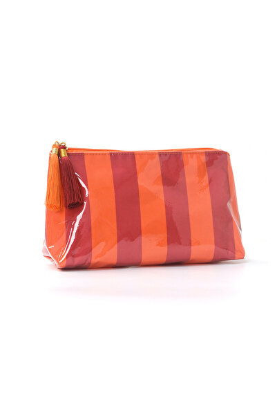 Choice1 OrangeRed-Striped PVC Striped Cosmetic Bag Makeup Bag with Fringe and...