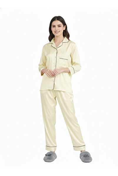 RIZQE Lemon Chiffon Satin Nightsuit | Luxe Rizqé by Zadine Cream/Yellow Pyjam...