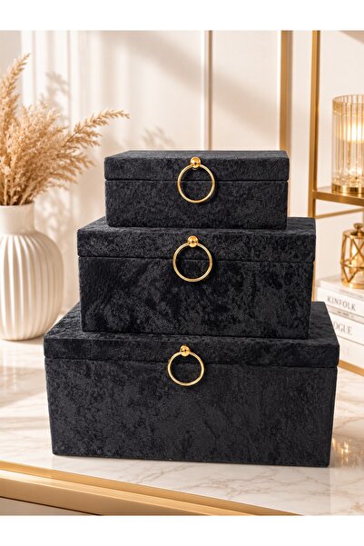 Kırçova Tekstil 3 lü Ahşap Çeyiz Sandığı Bohça Kutusu Siyah BÜYÜK MODEL