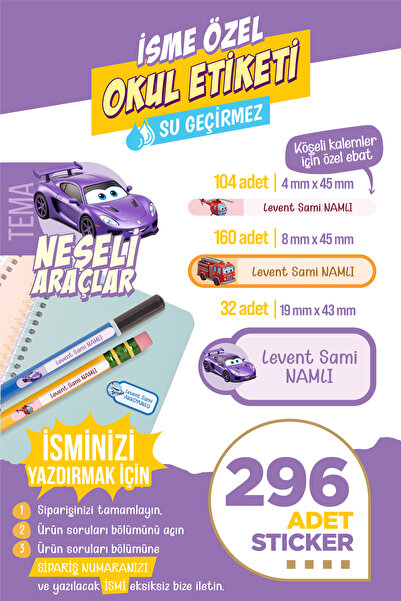 colortouch 296 ADET Neşeli Araçlar Temalı Okul Etiketi Sticker Kalem Etiket D...