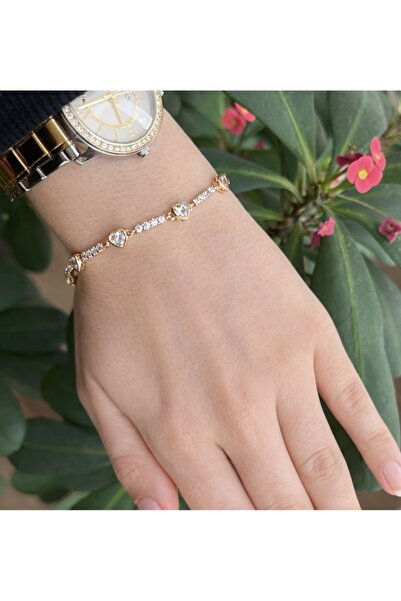 DİBA AVM Bracelet with Heart and Stones Gold Bracelet Women's Elegant Chain B...