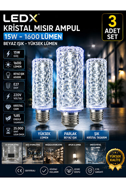 LEDX 3 ADET Kristal Mısır LED Ampul 15W 1600 Lümen Beyaz Işık 6500K E27 Duy D...