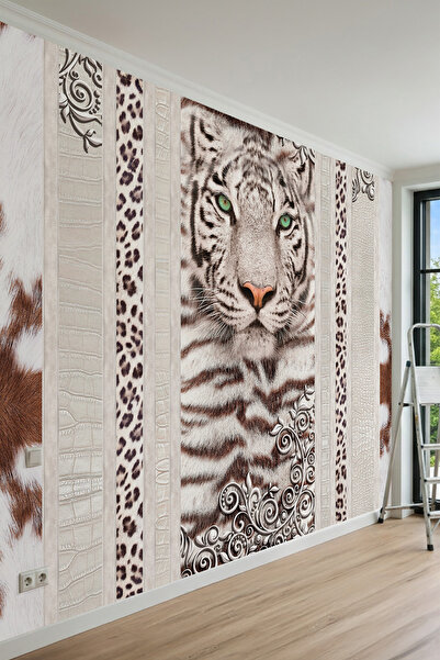 dreamwall Beyaz Kaplan, Leoparlı Şeritler ve Deri Görünümlü Tek Parça Tekstil...