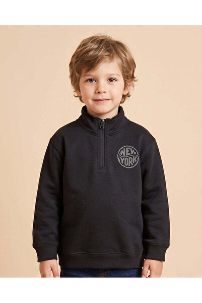 REDTAG Boys Black Printed 1/4 Zip Placket Sweatshirt