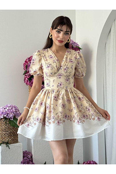 Clothes Fast Rochie mini bej pentru femei, cu imprimeu floral, decolteu în V,...