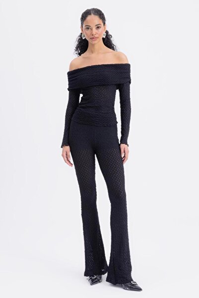 Moda Days Women's Black Lace Textured Slim Fit Flared Long Trousers