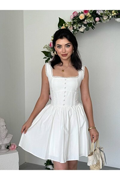 Clothes Fast Rochie mini din poplin ecru pentru femei, cu guler pătrat, cu na...
