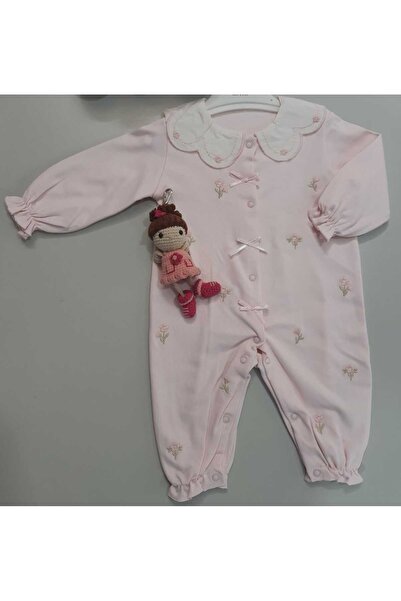 Sönmez Baby ÇİÇEK NAKIŞ YAKALI PENYE TULUM FİYONKLU KIZ BEBE TAKIMI