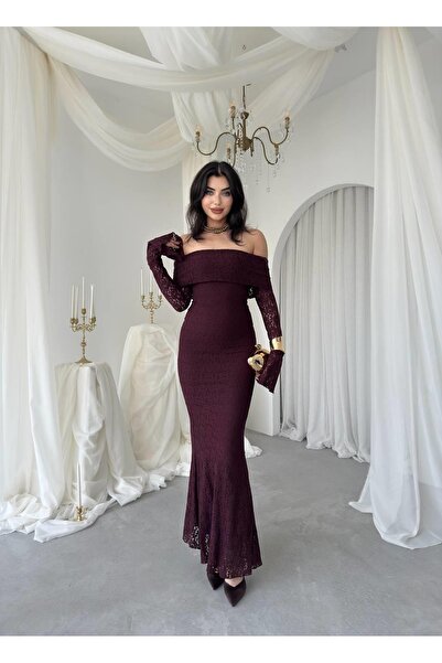 Moda Days Rochie midi din dantelă prune pentru femei, cu guler bărcuță, mânec...