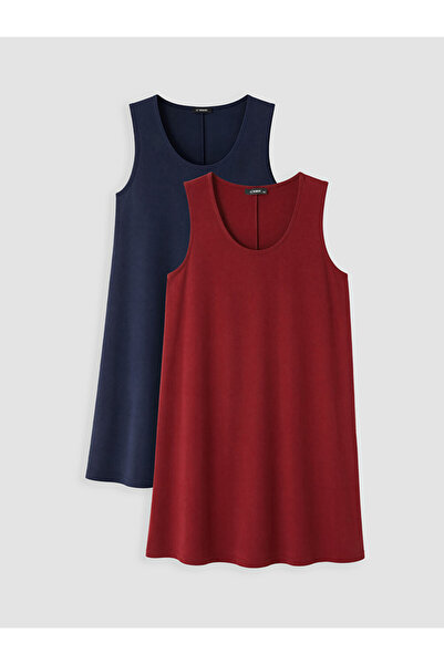 LC Waikiki Navy Blue Plus Size 100% Cotton Flared Dress 2-Piece Set