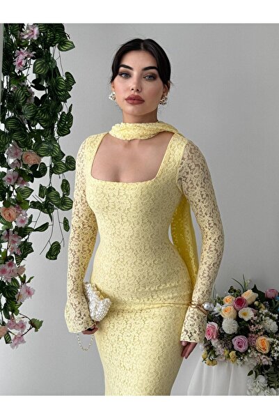 Moda Days Γυναικείο φόρεμα από σάρι δαντέλα με τετράγωνο γιακά και μακριά μαν...