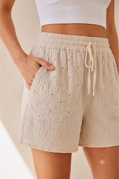 moda rüyası Muslin Shorts with Embroidery Detail, Elastic Waist, Pockets, Com...