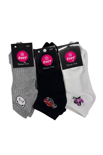 Eser Çorap 12 Pairs of Women's Stitched Bootie Socks with Pattern in Black, G...