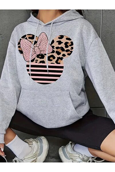 JENOLAN Women's Minnie Printed Black Gray Hooded Kangaroo Pocket Unisex Overs...