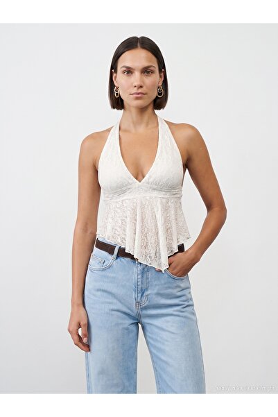 Dilvin 21228 Dantel Halter Yaka Top-Ekru