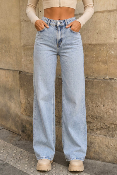 BİKELİFE Light Blue High Waist Wide Leg Loose Palazzo Denim Trousers