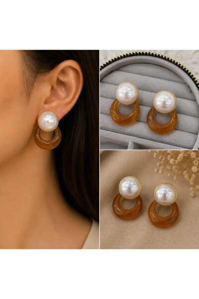Bozhi Pearl Detailed Amber Color Hoop Dangle Women's Earrings Stylish Gift Steel