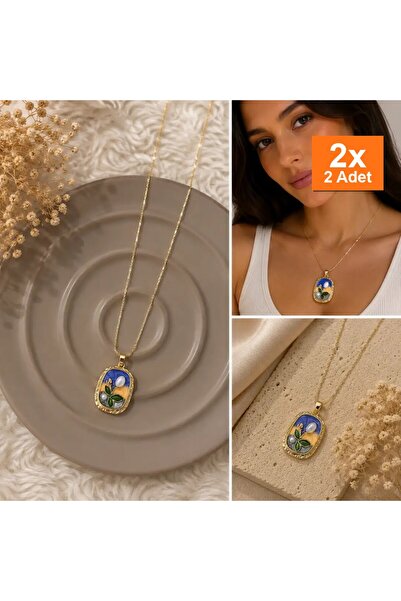 Bozhi Gold Color Flower Patterned Rectangular Necklace Gold Sparkling Style S...