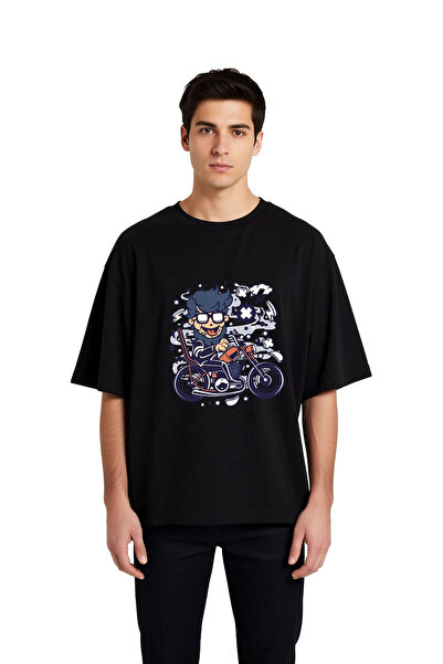 PayBuy Cartoon Man Motorcycle Line Art Printed Men's Oversize T-Shirt