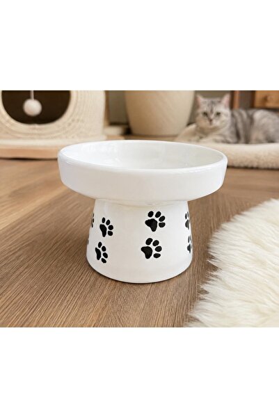 PAWLENKA Seramik Ayaklı Yüksek Eğimli Pati Baskılı Mama Ve Su Kabı (420 ml 16...