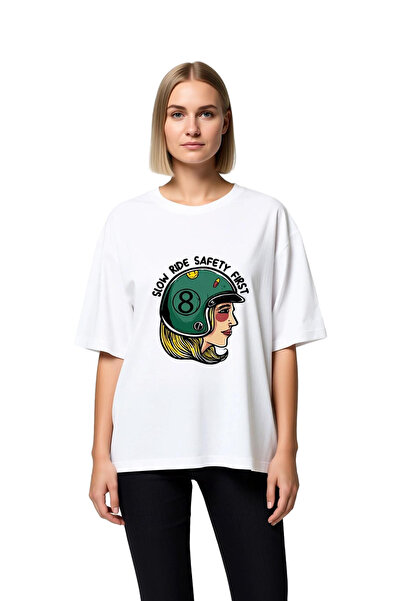 PayBuy Women's Oversize T-Shirt Motorcycle Themed Safety Message Printed Rela...