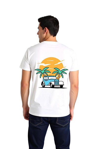 PayBuy Men's Vintage Automobile Palm Sunset Printed Relaxed Fit Short Sleeve ...