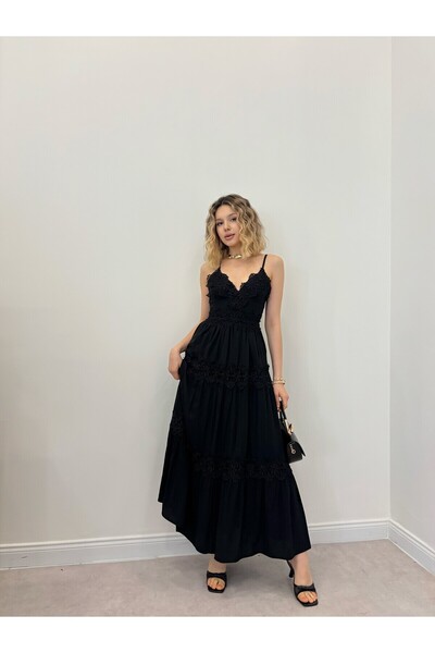 Clothes Fast Women's Black Maxi Length Thin Strap V-Neck Layered Dress with L...