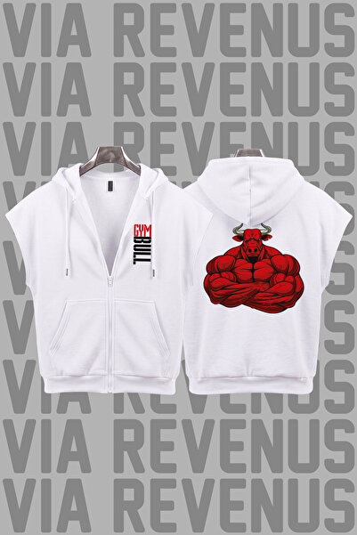Vordevia Gym Bull Printed Sleeveless Zippered Hooded Sweatshirt Wide Fit 3 Th...