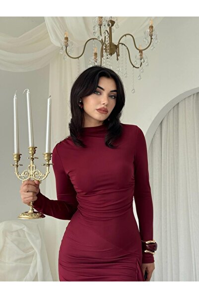 Moda Days فستان نسائي طويل باللون العنابي بأكمام طويلة وياقة عالية وتفاصيل مش...