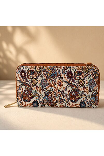 BIJUTERI Cnt-6004 Tan Ethnic Patterned Tapestry Crossbody Wallet Bag