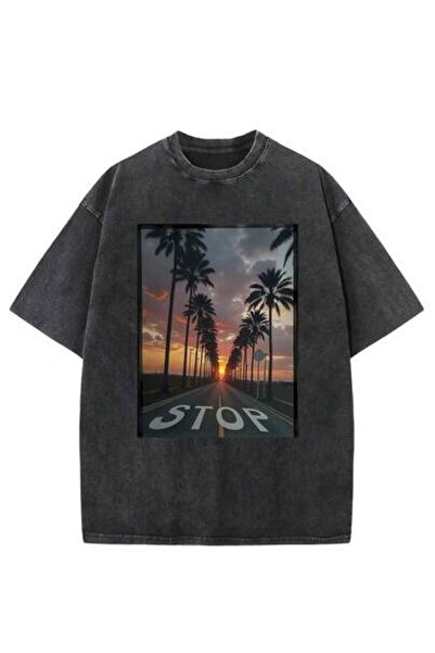 NOURAM Men'S Vintage STOP Palm Sunset Heavyweight Pure Loose Hip Hop Tee, Sof...