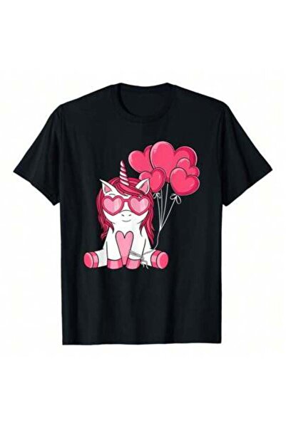 LİNA06 Cute Valentine's Day Unicorn Lover Heart Balloon T-Shirt, 220g Pure Co...