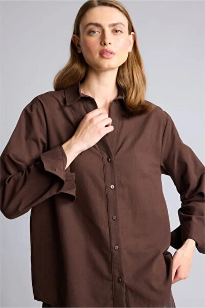 DeFacto 100% Cotton Regular Fit Long Sleeve Brown Shirt H1546Ax26Au