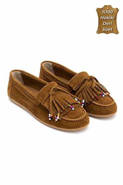 İX Süspüs Genuine Leather Suede Beaded Tassel Detailed Loafer Shoes