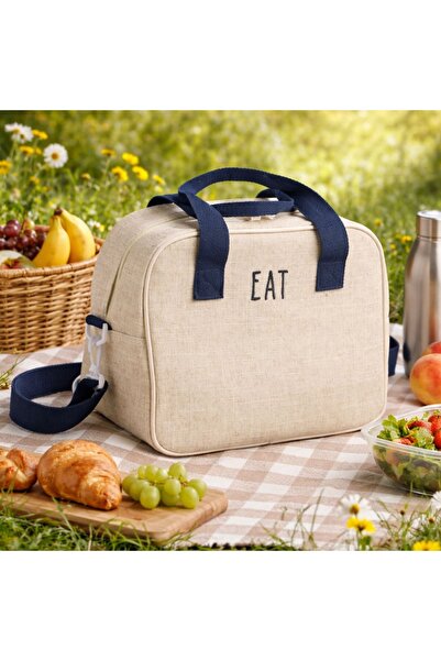 OEM Geantă termică de prânz bej, cu aspect de in, 29x15x24cm - Marca EAT, Mân...