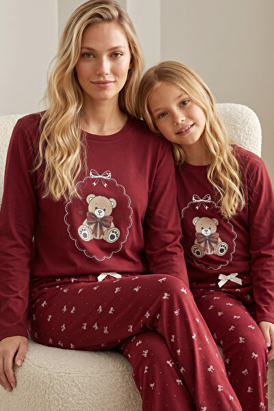 Siyah İnci Burgundy Patterned Cotton Lycra Knitted Pajama Set26241160
