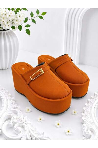 dabab shoes Nara Women's Tan Warm Fur Gold Buckle Closed Toe Wedge Heeled Pla...