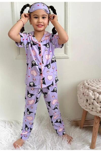 LUFFY KİDS Cute Cat Patterned Bamboo Front Buttoned Eye Patch Short Sleeve Pa...