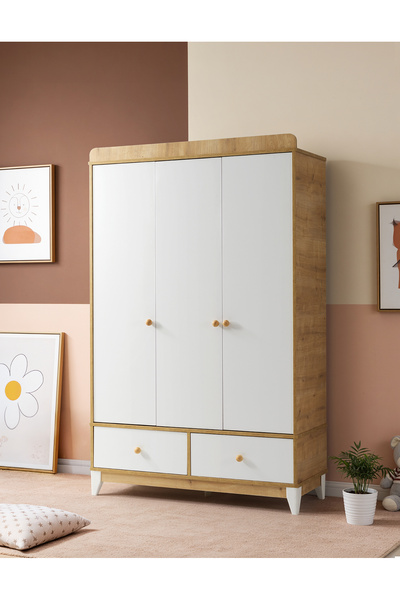 Seka Design Lena 3 Kapılı 2 Çekmeceli Gardırop Ahşap Gövdeli Beyaz Kapaklı El...