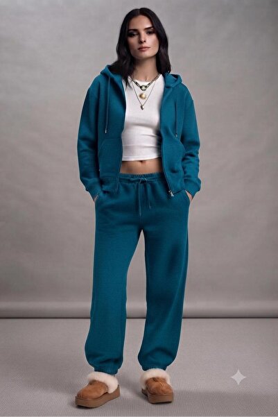stg spor toptan giyim Women's Indigo Hooded Cardigan Jacket Sweatpants Set