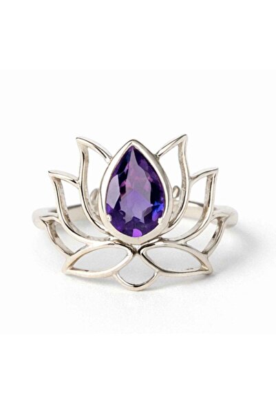 craftmystic Пръстен от сребро 925 с цвете на лотос и естествен аметист - равн...