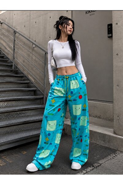 eyonnwear Adventure Time Bmo Patterned Oversize Wide Leg Sweatpants Unisex Tu...