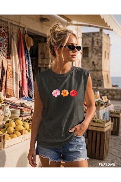 FUFLUNS Flower Printed Women's Regular Fit Crew Neck Sports Sleeveless T-Shirt